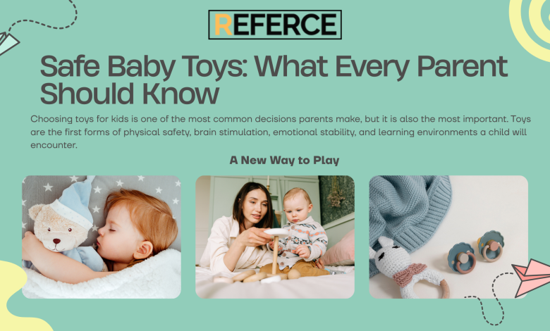 Header image for an article titled ‘Safe Baby Toys: What Every Parent Should Know,’ featuring a baby sleeping with a soft teddy bear, a mother playing with a baby using wooden toys, and safe baby items like a knitted toy and pacifiers on a pastel green background.