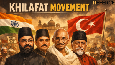 Khilafat Movement 1919 illustration showing Indian and Turkish flags with key leaders during India’s freedom struggle