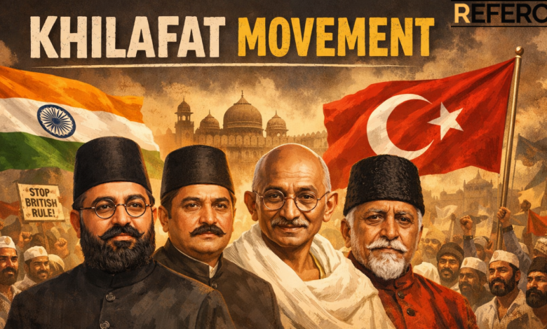 Khilafat Movement 1919 illustration showing Indian and Turkish flags with key leaders during India’s freedom struggle