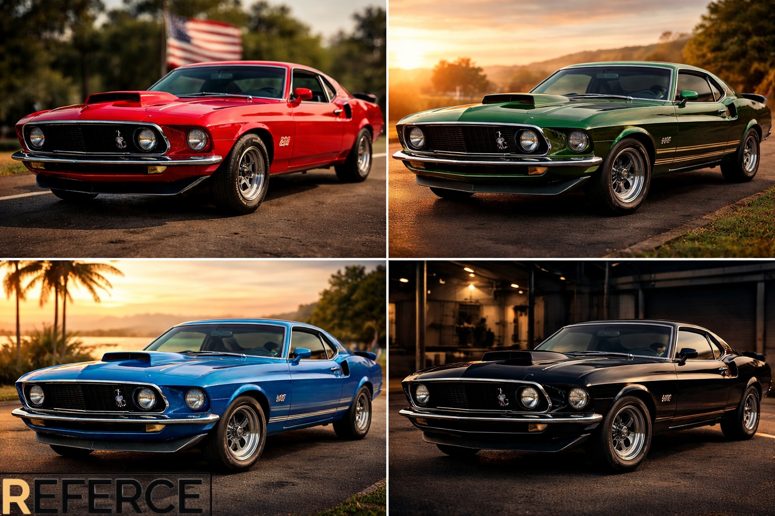 Ford Mustang 1969 in multiple colors showing its bold design, vintage style, and collector value.