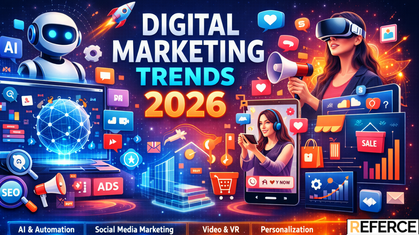 Illustration showing digital marketing trends with analytics dashboard, social media icons, target, megaphone, smartphone, and people analyzing online marketing data.