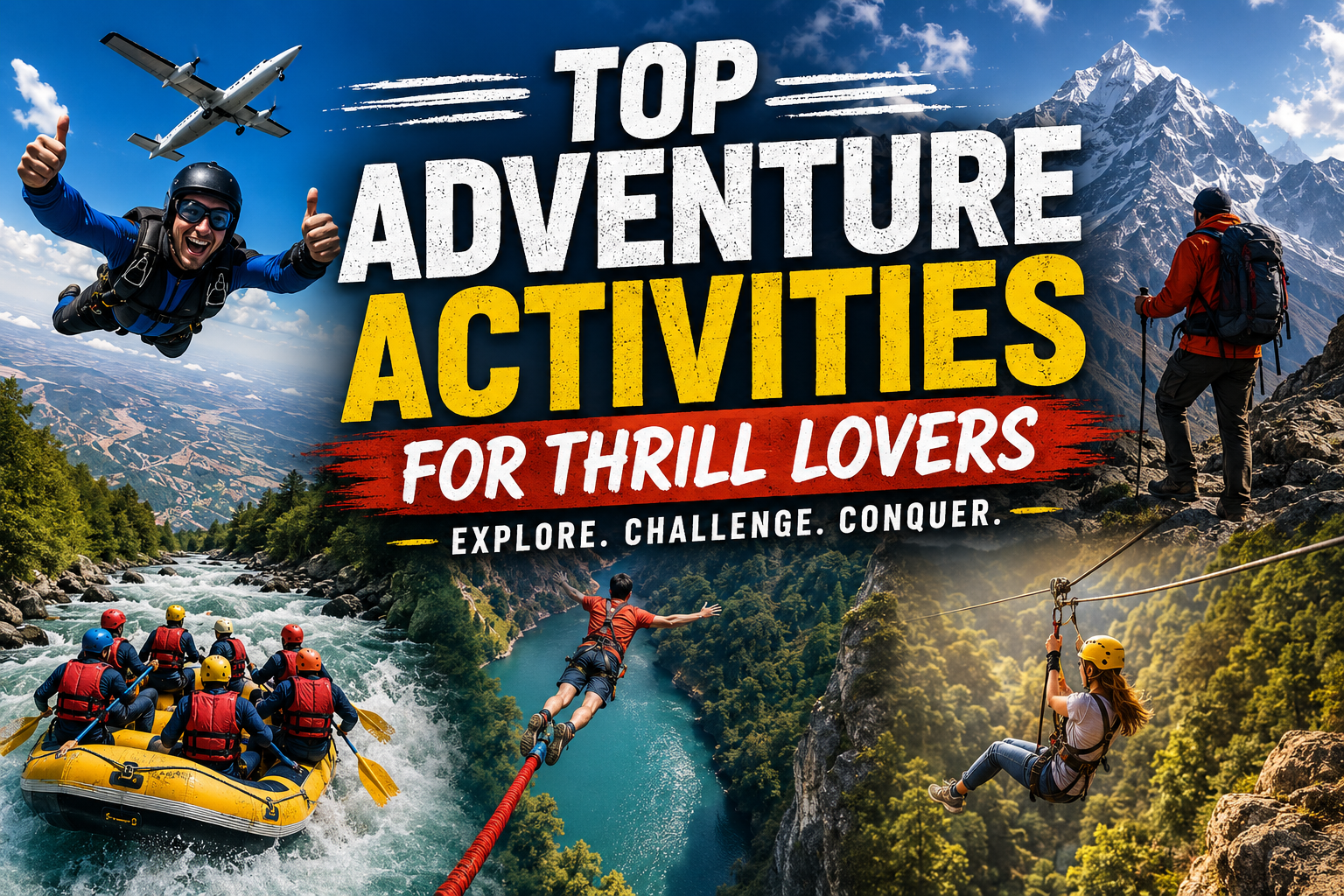 "Top adventure activities for thrill lovers including skydiving, rafting, bungee jumping, ziplining, and Everest trekking."