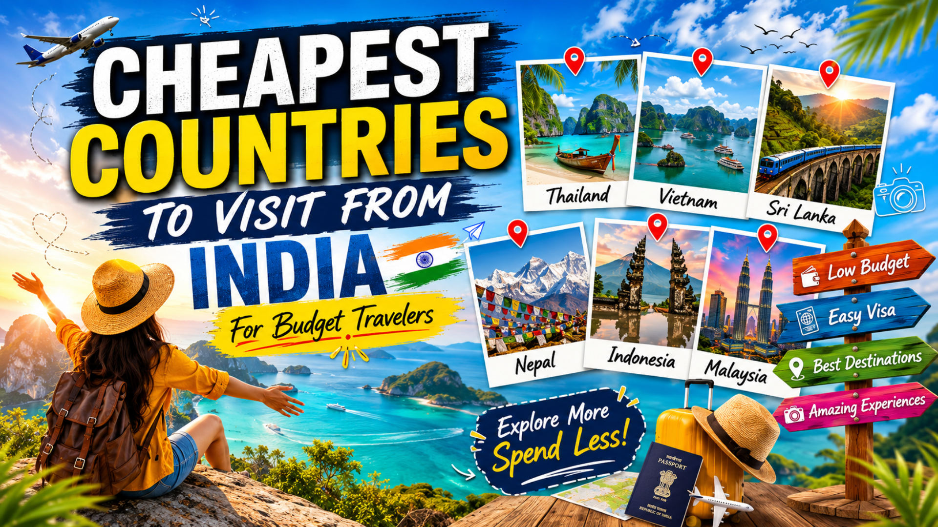 Cheapest countries to visit from India for budget travelers featuring Thailand, Vietnam, Sri Lanka, Nepal, Indonesia, and Malaysia with low-cost travel options.