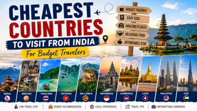 Cheapest countries to visit from India featuring Nepal, Thailand, Vietnam, Sri Lanka, Malaysia, Cambodia, Laos, and Bhutan.