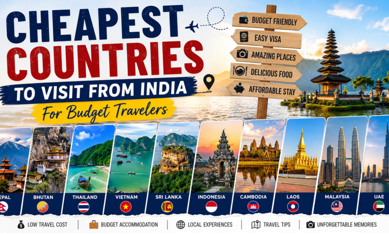 Cheapest countries to visit from India featuring Nepal, Thailand, Vietnam, Sri Lanka, Malaysia, Cambodia, Laos, and Bhutan.