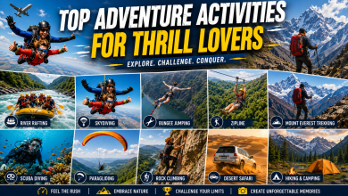 "Top adventure activities including skydiving, rafting, bungee jumping, ziplining, and Everest trekking."