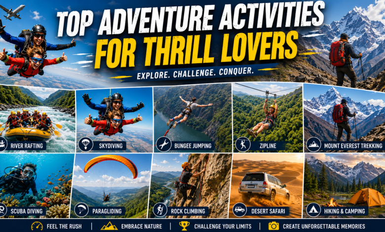 "Top adventure activities including skydiving, rafting, bungee jumping, ziplining, and Everest trekking."