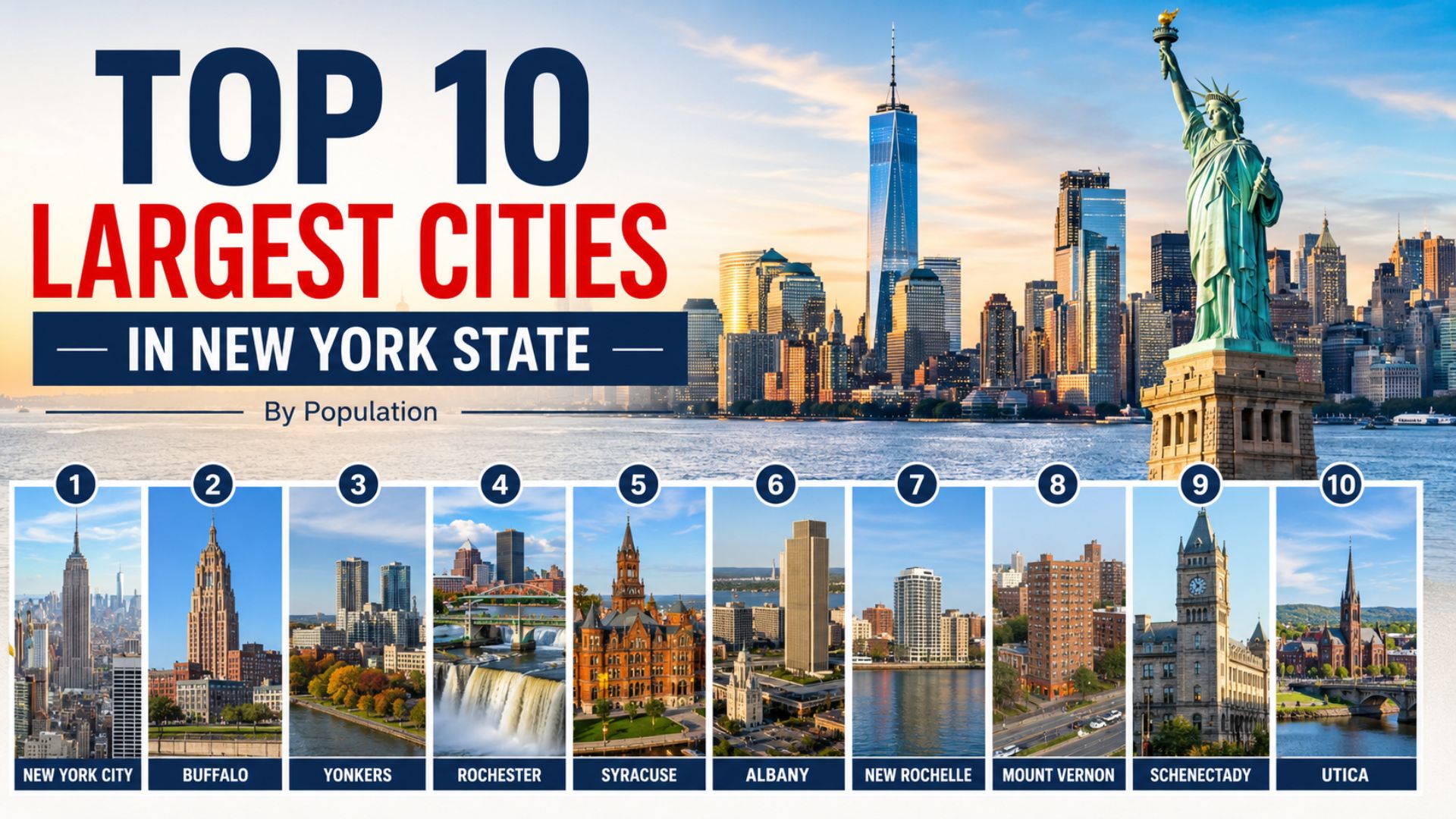 Infographic featuring the top 10 largest cities in New York State by population. The design showcases the New York City skyline and the Statue of Liberty in the background, with a ranked list of cities displayed in numbered panels: New York City, Buffalo, Yonkers, Rochester, Syracuse, Albany, New Rochelle, Mount Vernon, Schenectady, and Utica. Each city is represented with a landmark or skyline image, while bold red, white, and blue typography highlights the title “Top 10 Largest Cities in New York State by Population.” The layout is clean, modern, and designed as a wide blog feature image.