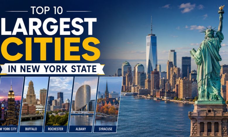 Feature image showing the Top 10 Largest Cities in New York State, with the New York City skyline and the Statue of Liberty in the background. The design highlights major cities including New York City, Buffalo, Rochester, Albany, and Syracuse through a collage of city landmarks and skylines. Bold typography emphasizes the article title, making it ideal for a travel, geography, or city ranking blog post.
